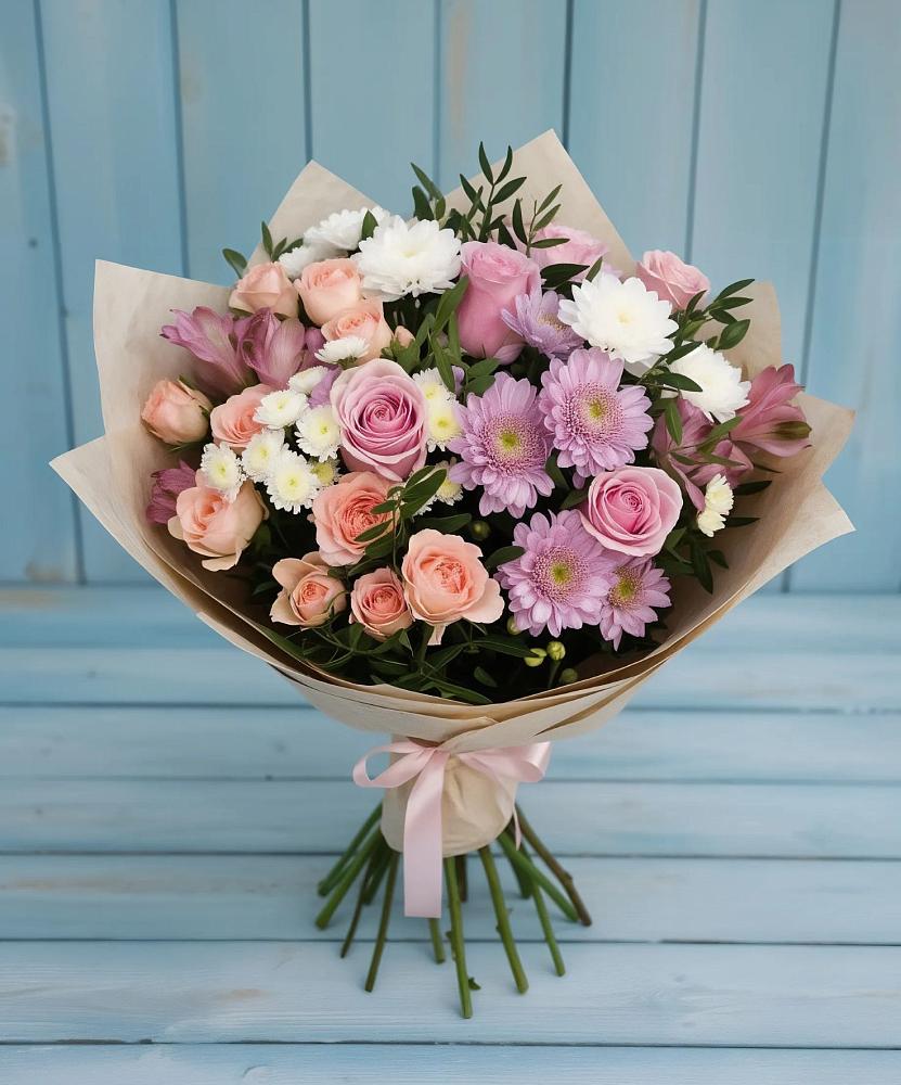 Букет цветов из: Хризантемы, Розы и Альстромерии в Терезе