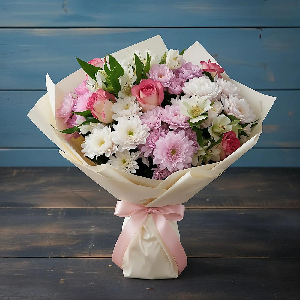 Букет цветов из: Хризантемы, Альстромерии и Розы в Терезе